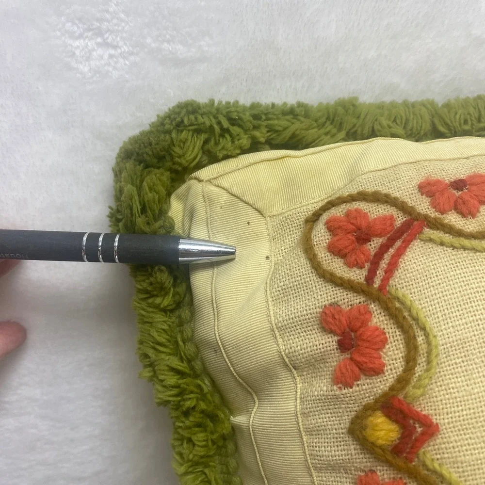 Vintage Embroidered Needlepoint Floral Pillow Square Boho Shabby Chic